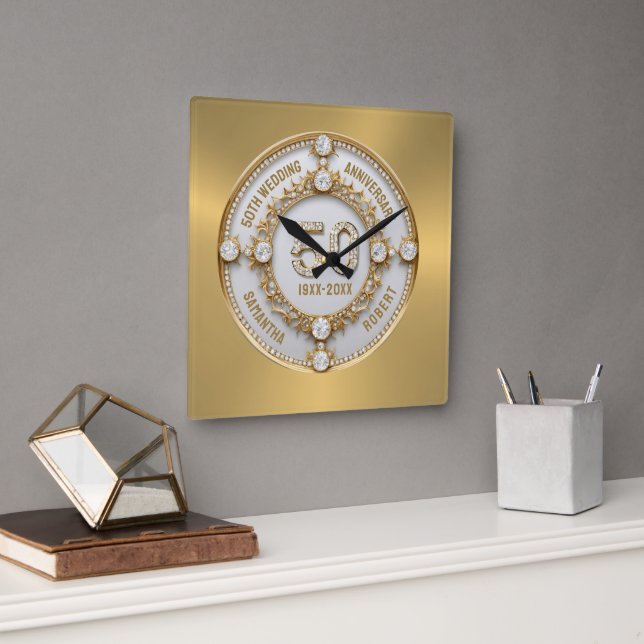 Glam White Diamonds 50th Wedding Anniversary Square Wall Clock (Office)