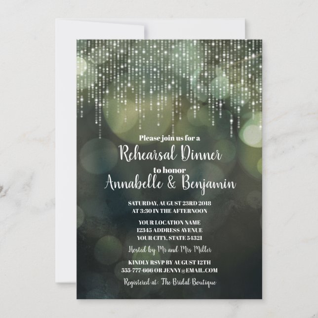 Glam White Fairy Light dark BOKEH Rehearsal Dinner Invitation (Front)