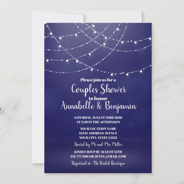 Glam White Fairy Lights Blue Couples Shower Invitation (Front)