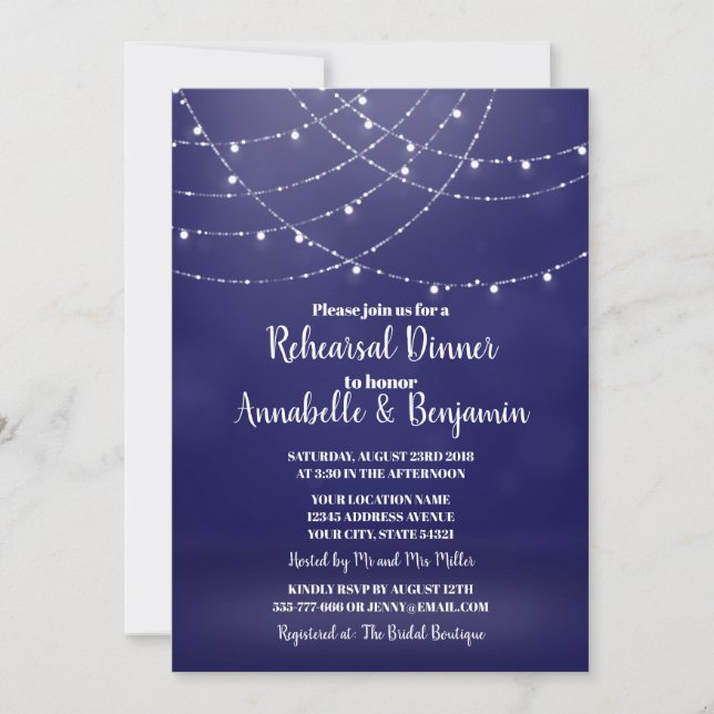 Glam White Fairy Lights Blue Rehearsal Dinner Invitation (Front)