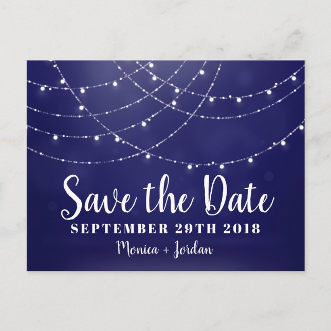 Glam White Fairy Lights Blue SAVE THE DATE Announcement Postcard (Front)
