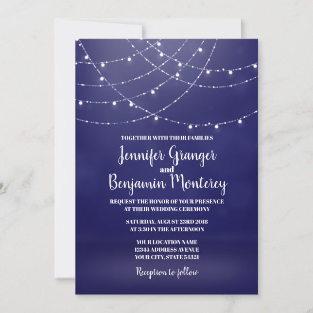 Glam White Fairy Lights Blue Wedding Invitation (Front)