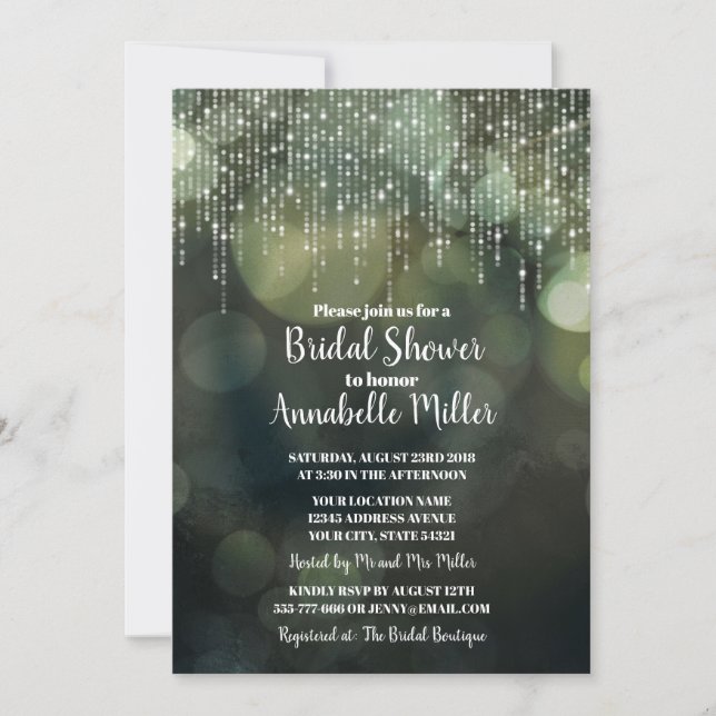 Glam White Fairy Lights dark BOKEH Bridal Shower Invitation (Front)