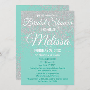 Glam White Glitter Sparkles Teal Bridal Shower Invitation