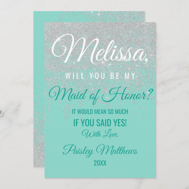 Glam White Glitter Sparkles Teal Maid of Honour Invitation (Front/Back)