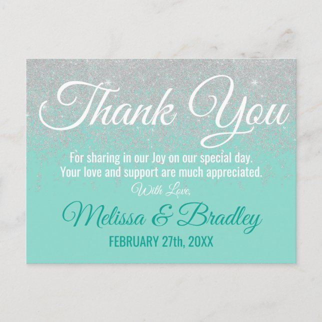 Glam White Glitter Sparkles Teal Thank You Postcard (Front)