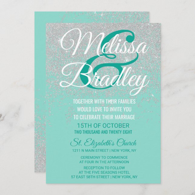 Glam White Glitter Sparkles Teal Wedding Invitation (Front/Back)