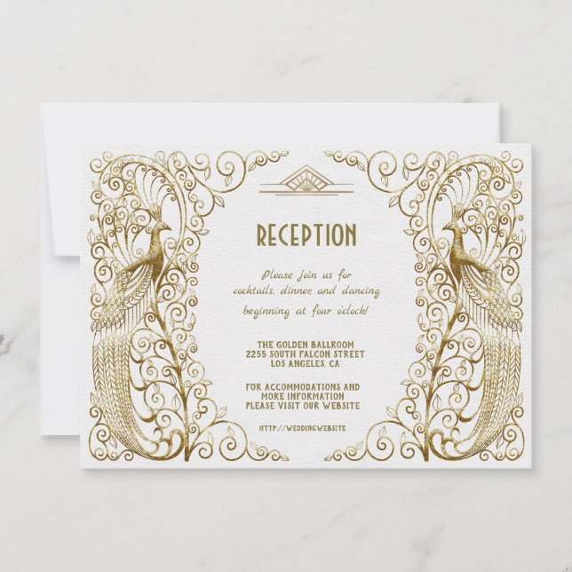 Glam White Gold Art Deco Peacock Wedding Reception Invitation (Front)