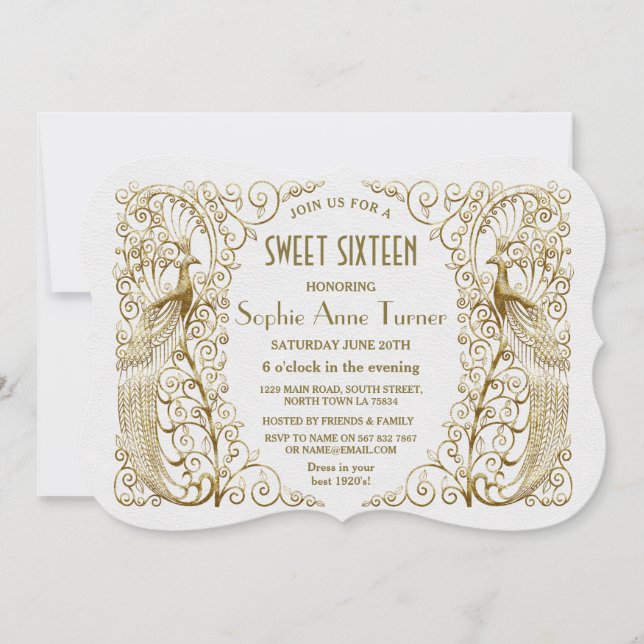 Glam White Gold Art Deco Peacocks Sweet Sixteen Invitation (Front)