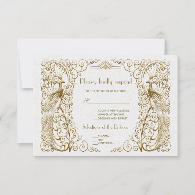 Glam White Gold Art Deco Peacocks Wedding RSVP (Front)