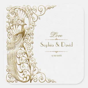 Glam White Gold Art Deco Peacocks Wedding Square Sticker