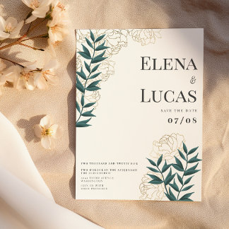 Glam white gold green peonies leaf floral wedding invitation
