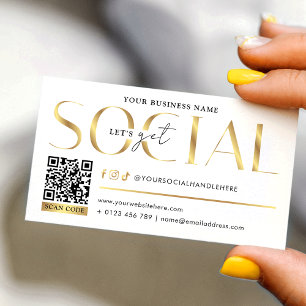 Glam White & Gold Let's Get Social Media QR Code Business Card