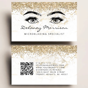 Glam White Gold Marble Eyes QR Code Microblading Business Card