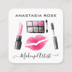 Glam White & Pink Lipstick Eyeshadow Makeup Artist Square Business Card