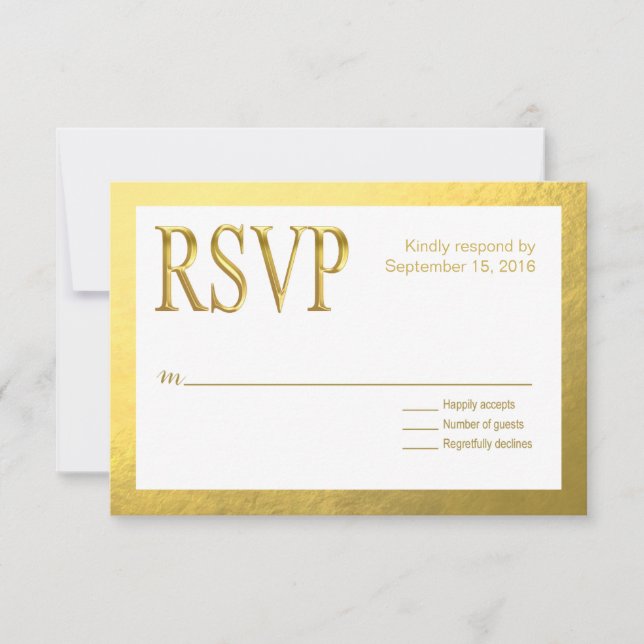 Glam White RSVP with Gold Nugget Faux Foil Outline Card (Front)