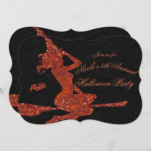 Glam Witch Flying on Broom Halloween Party Invitation (Front/Back)