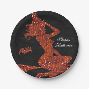 Glam Witch Flying on Broom Halloween Party Paper Plate