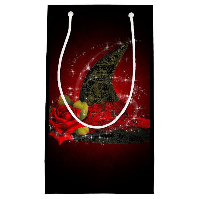 Glam Witch Hat Lacy Black & Red Sparkle Party Small Gift Bag (Front)