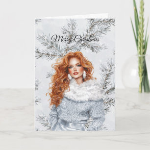 Glam Woman Red Hair Silver Christmas Tree Branches Card