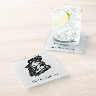 Glam Woman with Cat Fashion Illustration Glass Coaster
