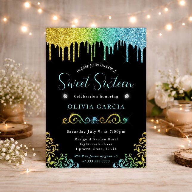 Glam Yellow and Blue Gradient Glitter Sweet 16 Invitation (Creator Uploaded)