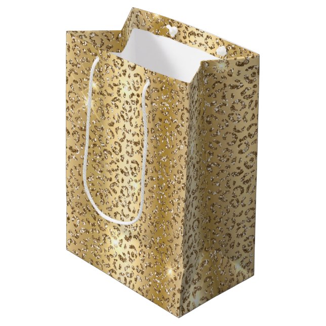 Glam Yellow Gold Glitter Leopard Medium Gift Bag (Front Angled)