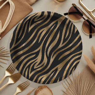 Glam Zebra Stripes Pattern Black Gold ID1151 Paper Plate