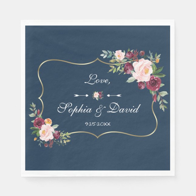 GlamGold Burgundy Blush Floral Navy Blue Wedding Napkin (Front)