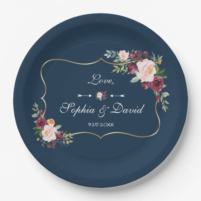 GlamGold Burgundy Blush Floral Navy Blue Wedding Paper Plate (Front)