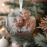 Glamma Grandma Script Overlay Glass Tree Decoration<br><div class="desc">Create a sweet gift for a special grandmother with this beautiful custom ornament. "Glamma" appears as an elegant white script overlay on your favorite photo of grandma and her grandchild or grandchildren.</div>