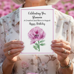 Glamma Happy August Birthday Purple Poppy  Card