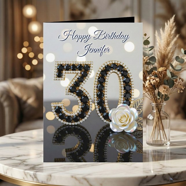 Glamorous 30th Birthday Black Diamonds White Rose  Card (Creator Uploaded)