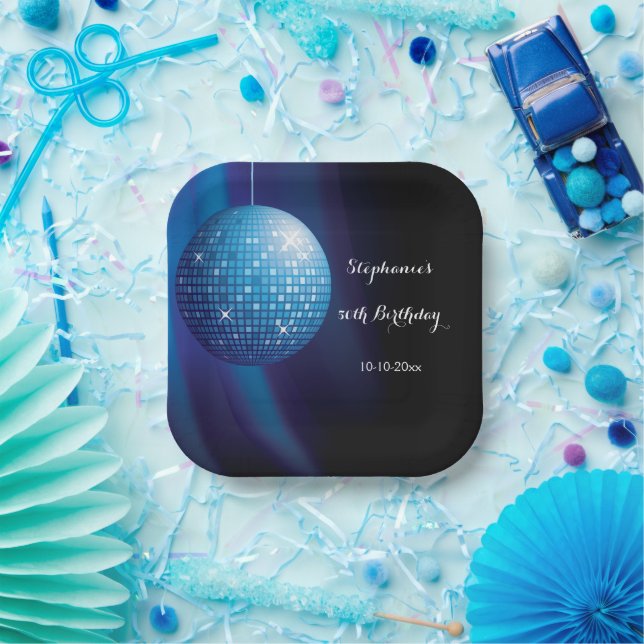 Glamorous 50th Birthday Blue Party Disco Ball Paper Plate (Party)