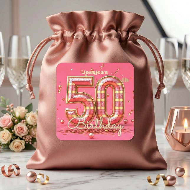 Glamorous 50th Birthday Pink Gold Glitter Party Square Sticker (Creator Uploaded)