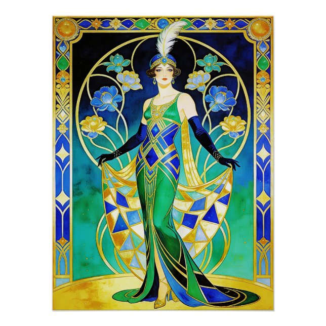 Glamorous Art Deco Siren in Blue and Green Poster. Poster (Front)