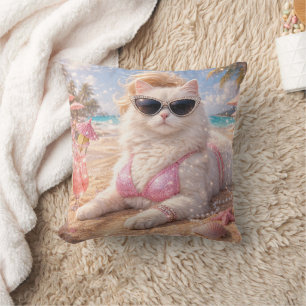 Glamorous Beach Cat with Sunglasses and Pink Bikin Cushion