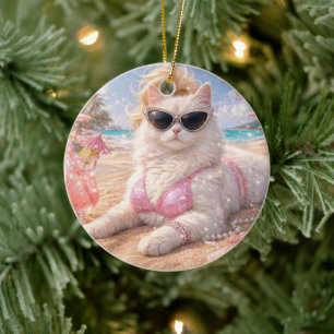 Glamorous Beach Cat with Sunglasses            Ceramic Tree Decoration