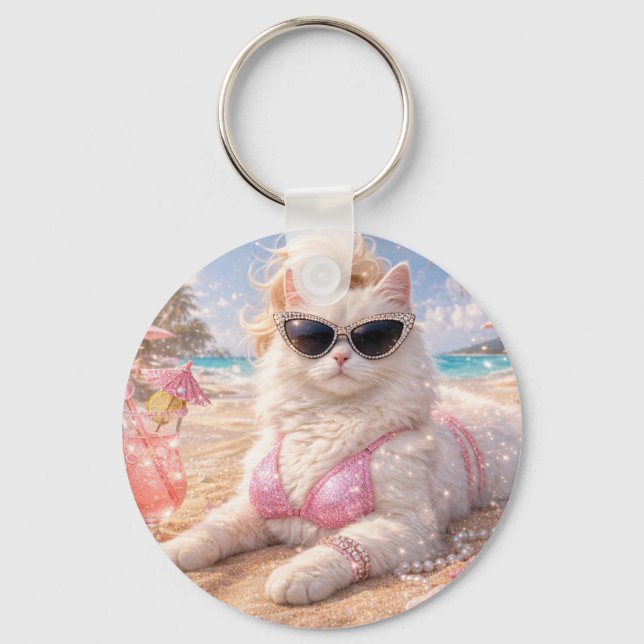 Glamorous Beach Cat with Sunglasses                Key Ring (Front)