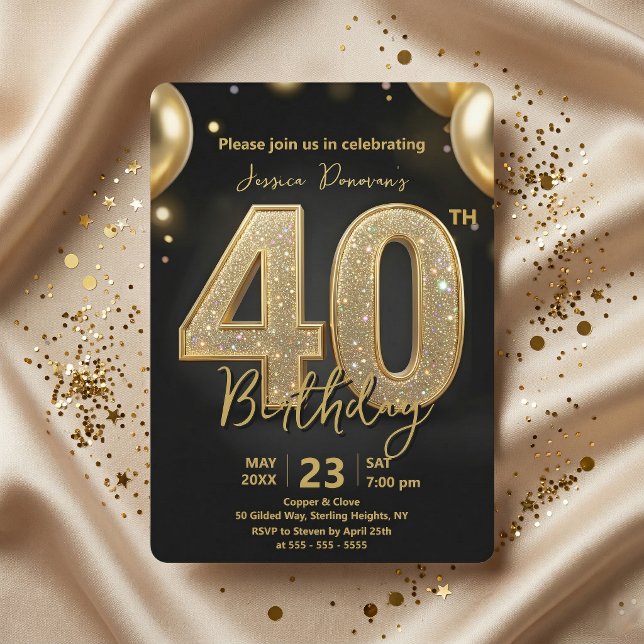 Glamorous Black Gold Glitter 40th Birthday Party Invitation (Creator Uploaded)