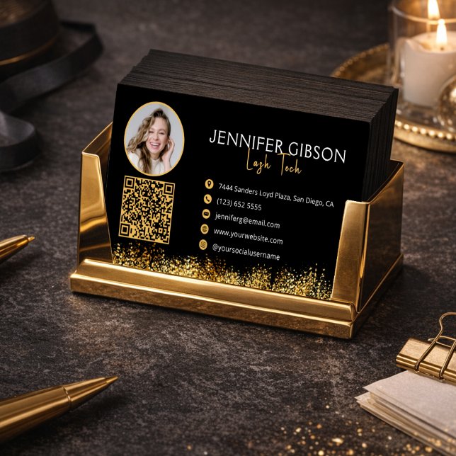 Glamorous Black & Gold Lash Tech QR Code  Business Card (Creator Uploaded)