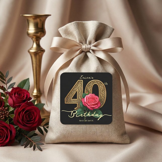 Glamorous Black Gold Red Rose Floral 40th Birthday Square Sticker (Creator Uploaded)