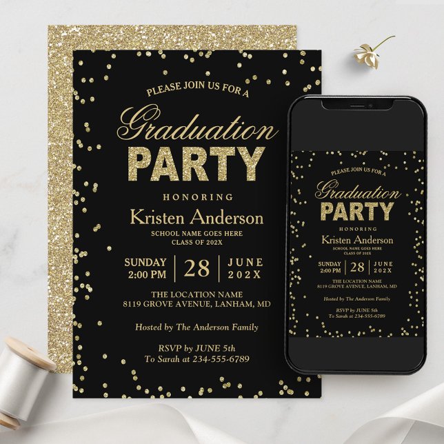 Glamorous Black & Gold Shimmer Graduation Party Invitation (Creator Uploaded)