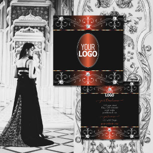Glamorous Black Orange Ornate Ornaments with Logo Square Business Card