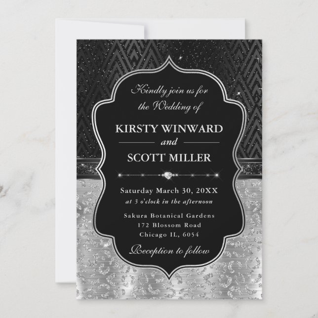 Glamorous Black Silver Leopard Spots Wedding Invitation (Front)