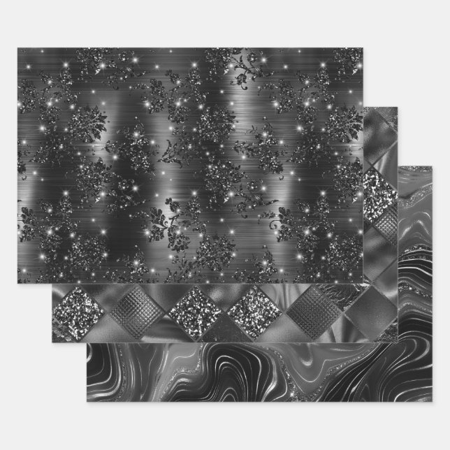 Glamorous Black & Silver Sparkling Patterns Wrapping Paper Sheet (Set)