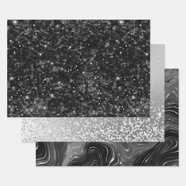 Glamorous Black & Silver Sparkling Patterns Wrapping Paper Sheet (Set)