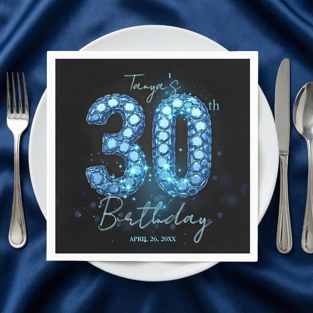 Glamorous Blue & Black Sparkle Jewel 30th Birthday Napkin (Creator Uploaded)