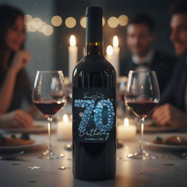 Glamorous Blue Sapphire Gem 70th Birthday Wine Label (Creator Uploaded)
