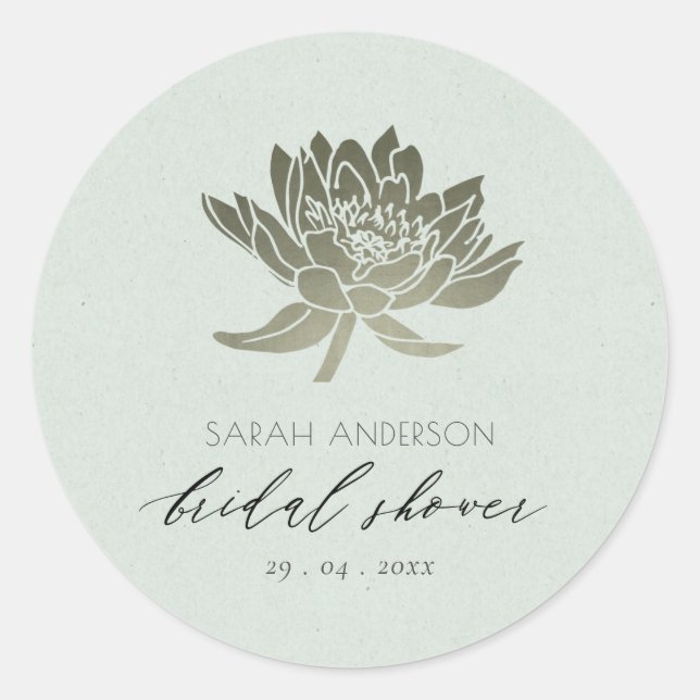 GLAMOROUS BLUE SILVER LOTUS FLORAL BRIDAL SHOWER CLASSIC ROUND STICKER (Front)